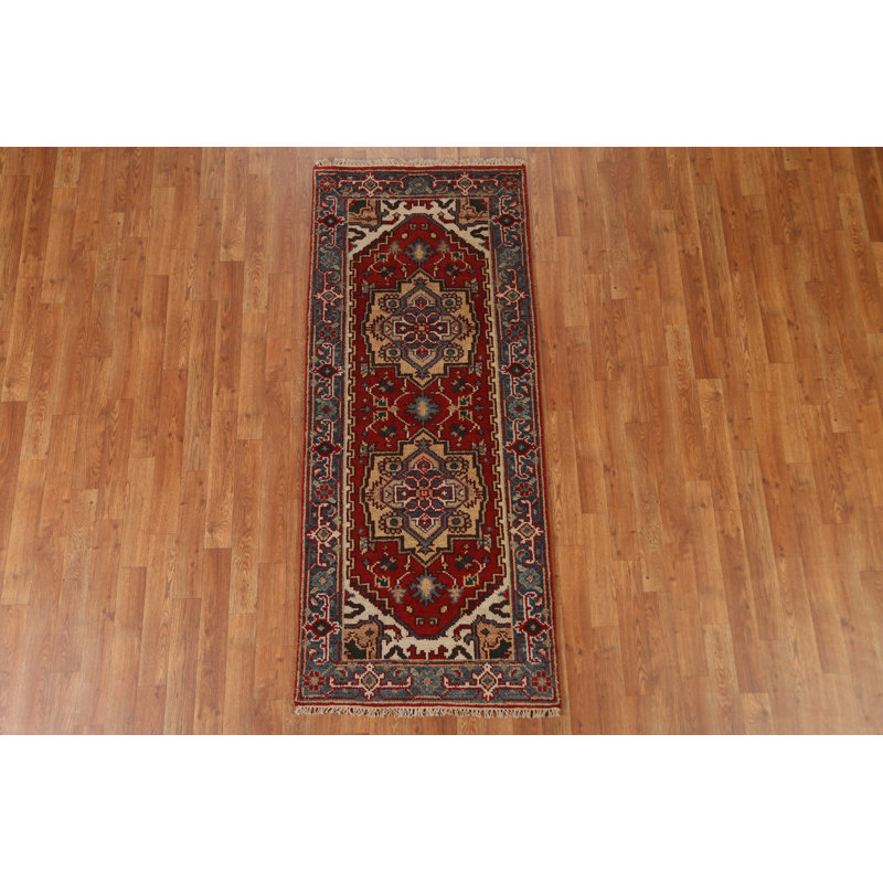 Tapis rouge Heriz Serapi à motif géométrique rouge noué à la main 3 x 6