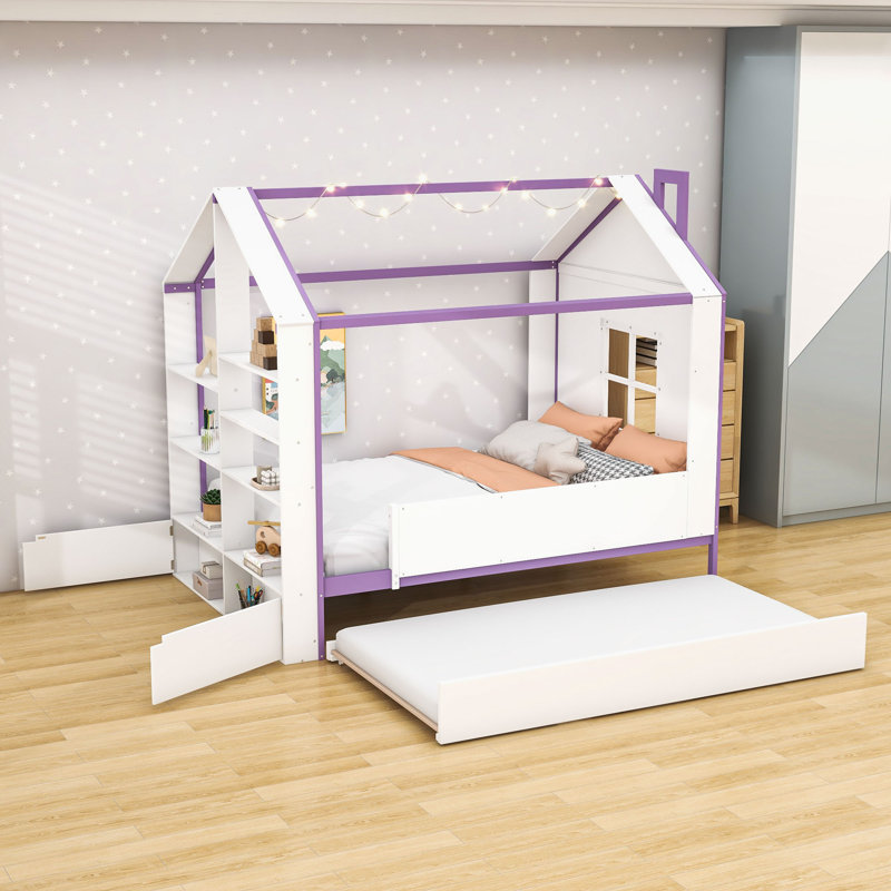 Cadre de lit House avec lit gigogne, tablettes et lumières DEL, Lit double, Mauve blanc