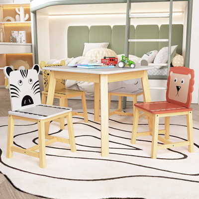 Wooden Kids Table With 4 Chairs Set,Cartoon Animals 5 Piece Kiddy Table And Chair Set, Kids Square Play Table And Chair Set For Girls, Toddlers, Boys -  Zoomie Kids, BEF836D912824504B9B01711FC9D983B