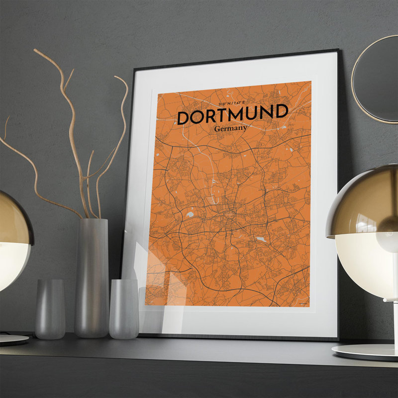 Dortmund City Map in Orange 1 Piece Wall Art, 27.6cm H x 19.7cm W x 0.05cm D