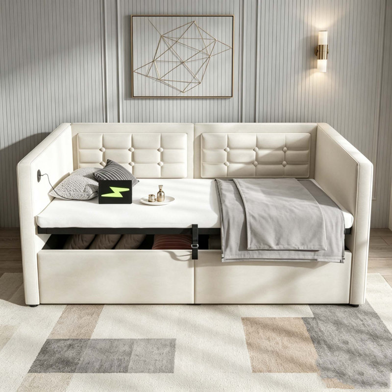 Daybed, Hydraulic Storage Twin Bed Frame with USB & Type-C Charging, Bed Frame with Wooden Slats and Tufted Sofa Back