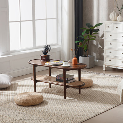 Arzate Solid Wood Oval Coffee Table with Rattan Shelf Single Coffee Table for Bedroom Small Space