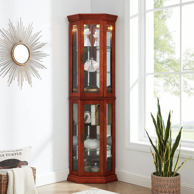 Garde-manger, armoire de coin avec lumières, tablettes réglables en verre trempé, dossier en miroir, armoire de présentation, noyer clair (ampoule E26 non incluse)