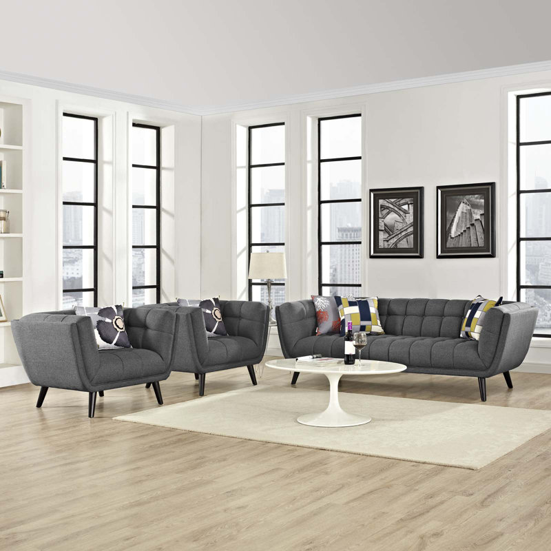 Ensemble de canapé et fauteuil rembourrés en tissu 3 pièces Bestow, Velours gris performance