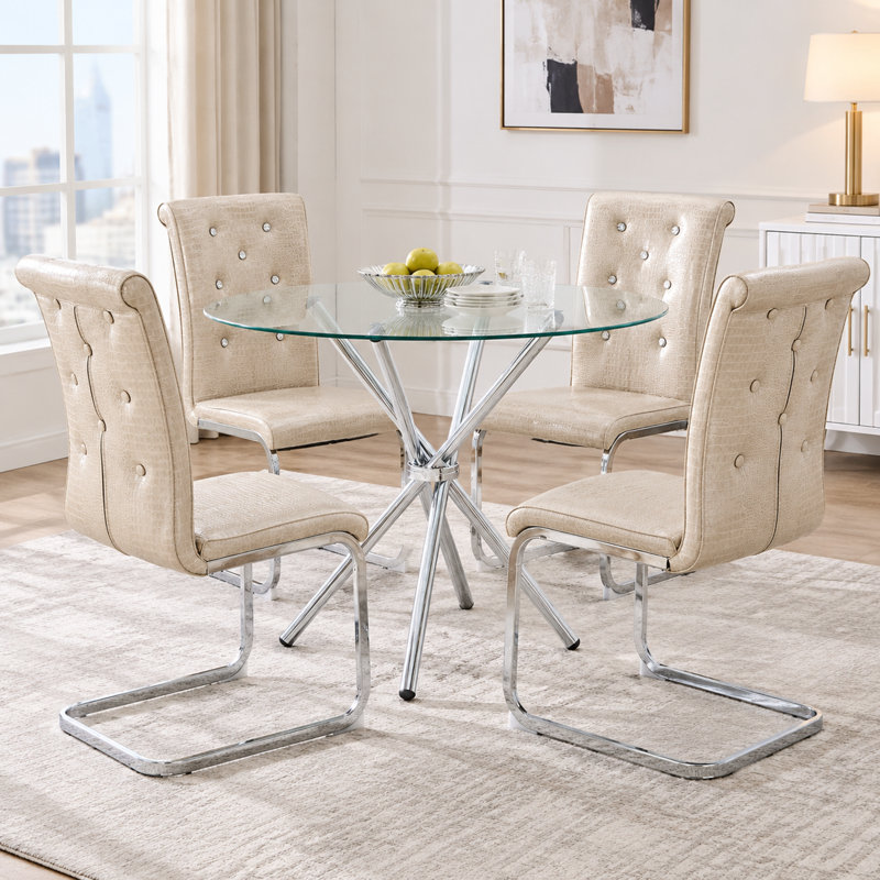 Ensemble de table de salle à manger 5 pièces en verre trempé rond avec chaises en similicuir, Champagne