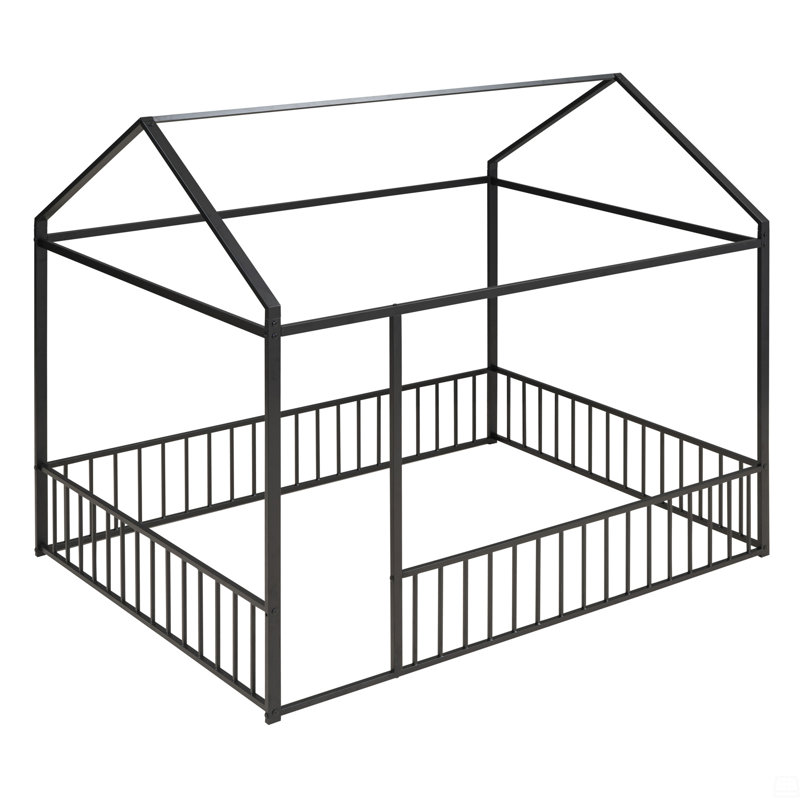 Metal Bed House Bed Frame With Fence, Full
