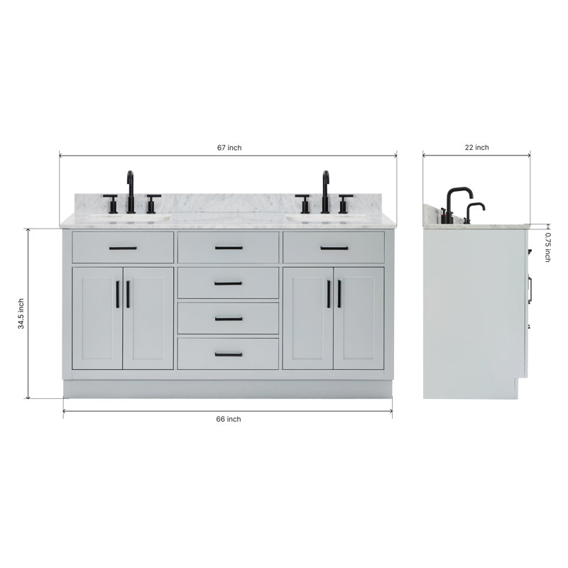 ARIEL HEPBURN 73 IN DOUBLE RECTANGLE SINK VANITY 1,5 IN, Gray, 67", Rectangular