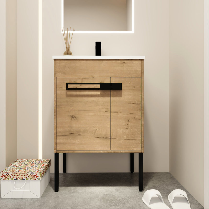 Armoire de salle de bain 24 po avec lavabo - vasque autoportante ou flottante en céramique à charnière en contreplaqué à charnières en contreplaqué à imitation chêne massif imitation chêne 24 po et porte de lavabo polyvalente - Décoration