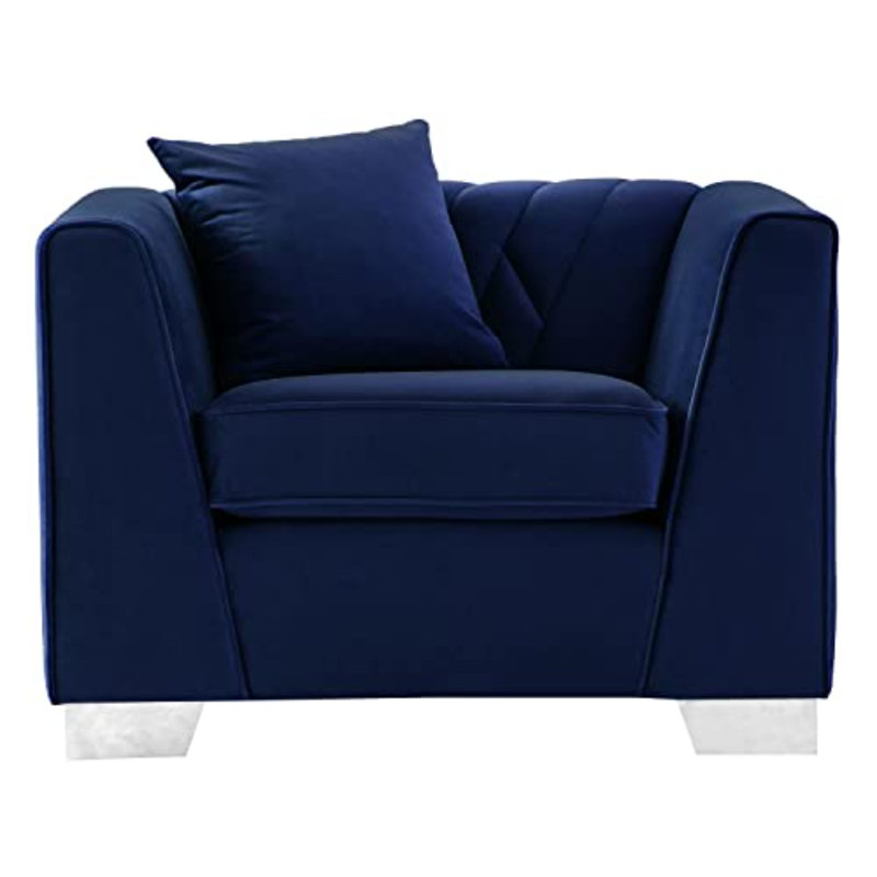 Gagnon Contemporary Chair in Velvet and Brushed Stainless Steel Legs, Blue