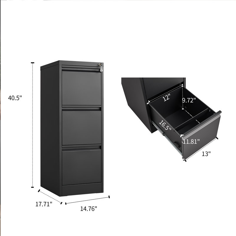 Classeur vertical en métal 40 po pour bureau et maison avec serrure et 3 tiroirs, Noir, noir, noir, noir