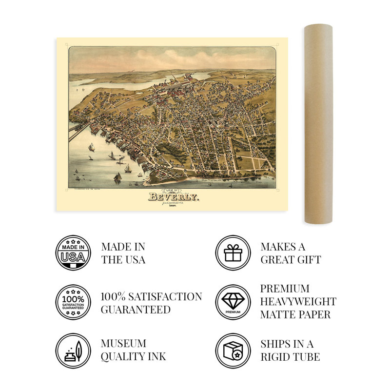 1886 Beverly Massachusetts, carte sur papier, H 24 po x l 36 po x P 0,01 po