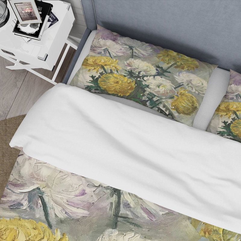 Marguerites blanches et dorées - ensemble de housse de couette traditionnel - microfibre de polyester