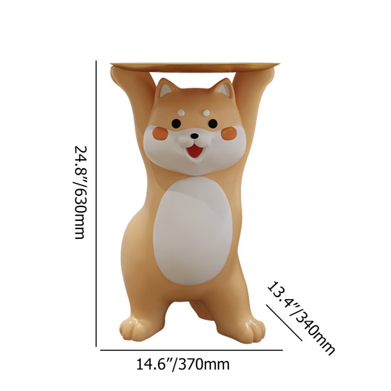 Statue de Shiba Inu - table d'appoint pour chien avec plateau doré, sculpture en résine pour chien
