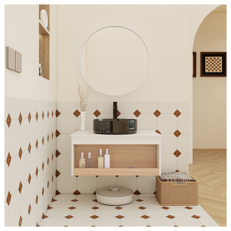 Ensemble de meuble-lavabo flottant 30 po avec vasque en marbre noir - rangement mural moderne avec finition chêne blanc et clair