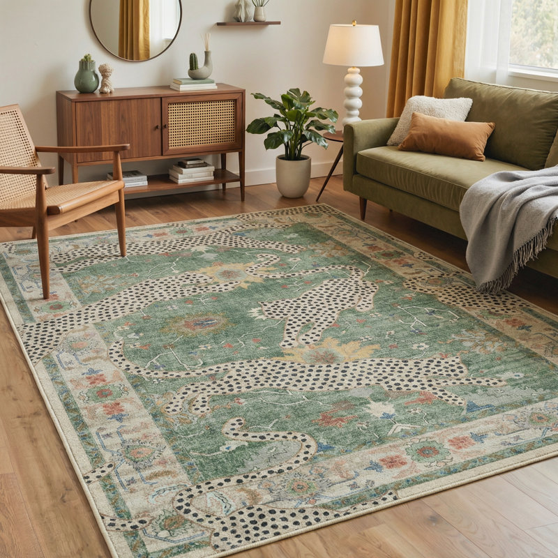 Allandale Leopard Print Green / Beige Machine Washable Non-Slip Area Rug, Rectangle 8' x 10', Green