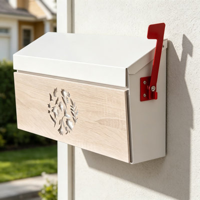 Boîte aux lettres murale avec trousse de drapeau, boîte aux lettres en acier galvanisé antirouille de grande capacité, motif décoratif en grain de bois à motif de fleurs pour une utilisation à l'extérieur