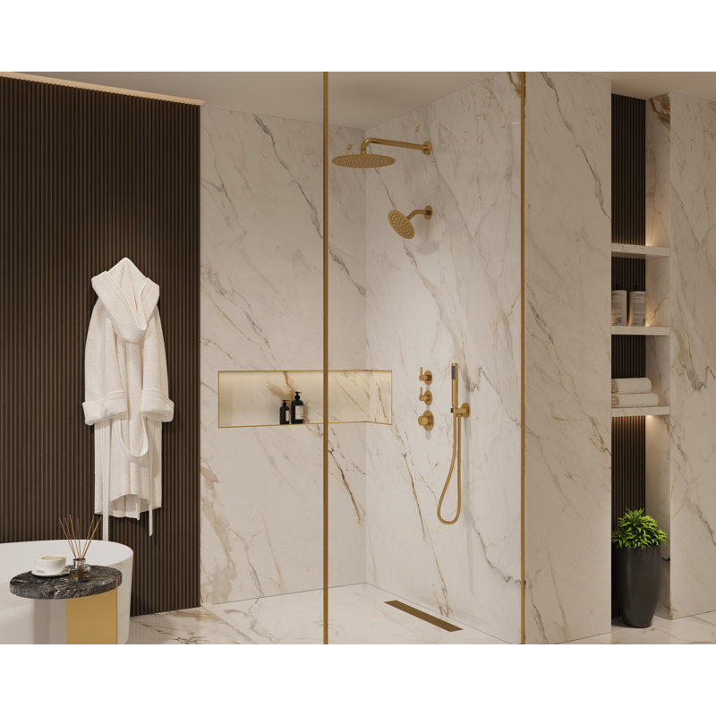 Tinian Thermostatic Shower System with Split Control Panel Dual 12" & 6" shower head, Handheld Shower , Brushed Gold