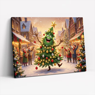 Arbre de Noël, personnage de dessin animé avec choristes, reproduction d'art sur toile tendue sur toile, ensemble de 1