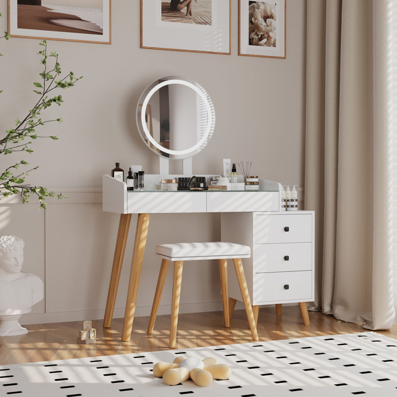 Coiffeuse moderne extensible avec lumières DEL, 5 tiroirs et tabouret rembourré pour un confort et une organisation ultimes
