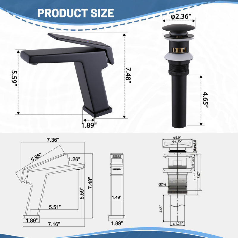 7.48" Solid Brass Single Hole Single Handle Bathroom Sink Faucet With Drain Assembly, Matte Black