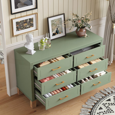 Commode double 6 tiroirs avec poignées en métal et pieds en bois massif, rangement moderne pour enfants et adultes Broxton