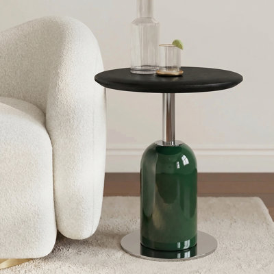 Solid Wood Round End Table with Metal Base, 18.9'' Modern Side Table with Green Piano Lacquer Accent for Living Room, Bedroom and Apartment 