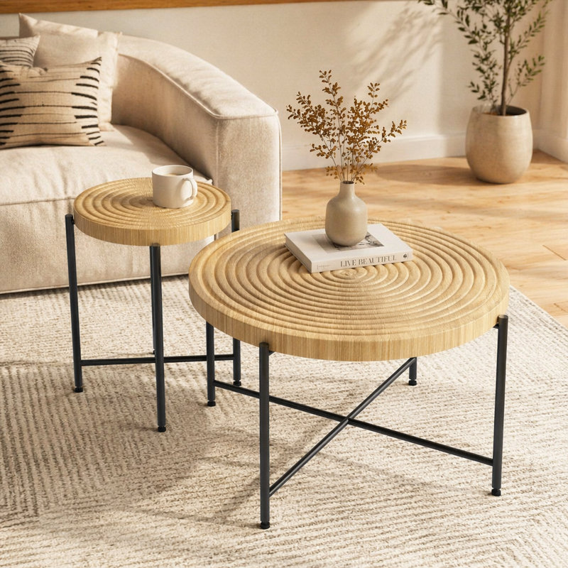 Ensemble de 2 tables basses et tables de bout - Panneau de fibres à densité moyenne imperméable avec revêtement en PVC, conception cylindrique vieillie, pieds en métal noir - charme rustique classique, bois technique