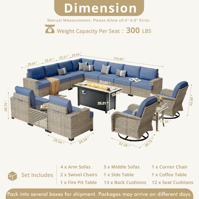 Outdoor 12-Person Rattan Settee Sofa Set, Equipped With A 54-Inch Liquefied Gas Fireplace Table, And Available In Multiple Color Options For The Cushions.