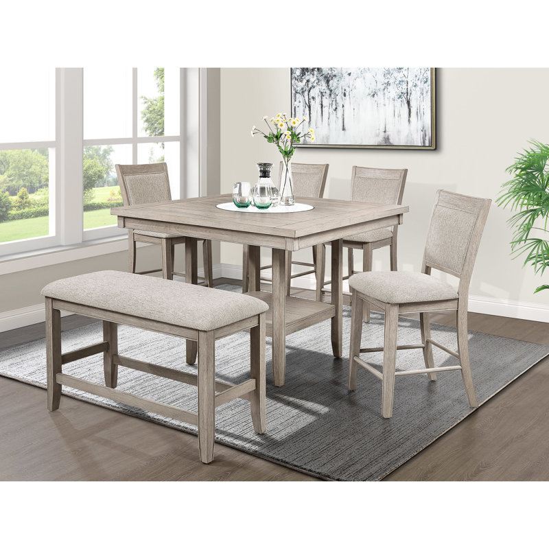 Banc contemporain à hauteur de comptoir en brun et gris beige, siège et repose-pieds rembourrés, tabouret en bois brun clair / brun avec structure en bois d'ameublement gris pour la salle à manger