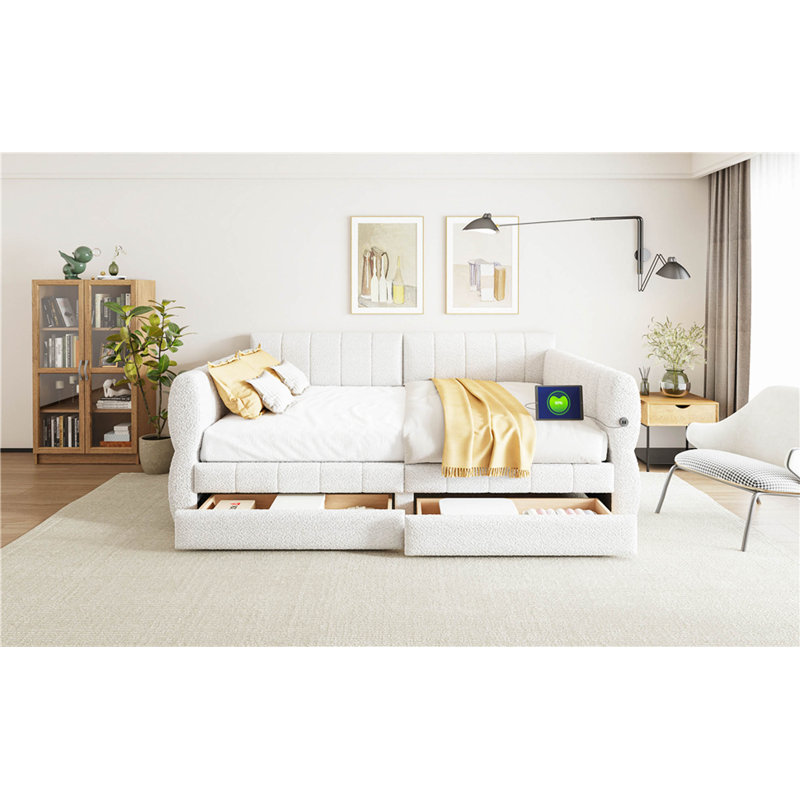 Upholstered Platform Bed With USB And 2 Drawers, White