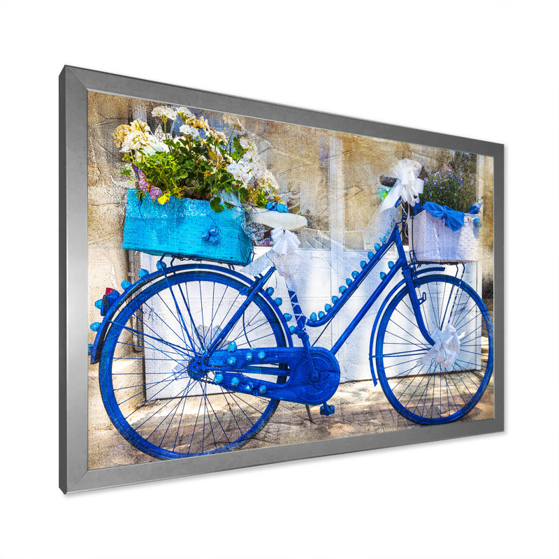 Vélo rétro bleu avec fleurs - Impression sur toile, H 16 po x l 32 po, Cadre photo argenté