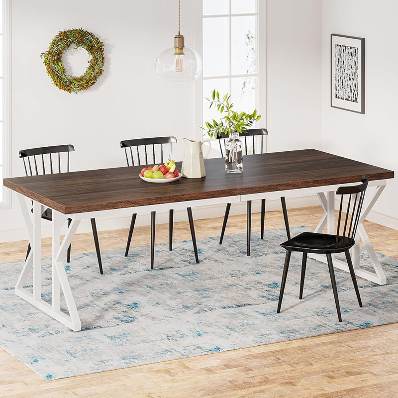 Table de salle à manger rectangulaire avec plateau en bois rustique et pieds en métal, blanc - table simple / bois et métal / ferme