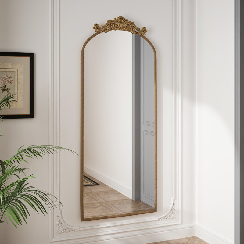 Modern 58"X24" Arched Full Body Mirror With Vintage Ornate Carved Applique On Top, Bronze
