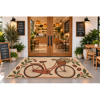 5' x 7' Outdoor Area Rug, Vintage Bicycle with Flower Basket and Coffee Beans Design, Waterproof PVC Coil Loop Carpet, Heavy Duty Quick Dry Mat, for Porch, Deck, Balcony, Coffee Shop