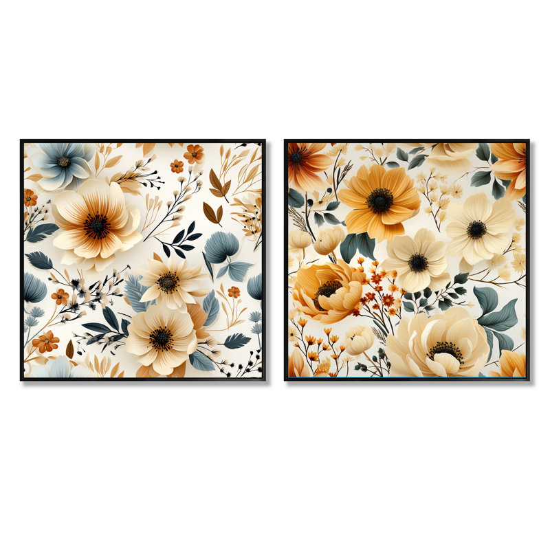 Bouquet de charme beige rustique à motif champêtre floral, Cadre flottant noir, H 16 po x l 33 po