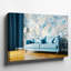 Toile, une scène intérieure moderne mettant en vedette un élégant art mural bleu clair avec des coussins moelleux posés sur une toile tendue-914639724