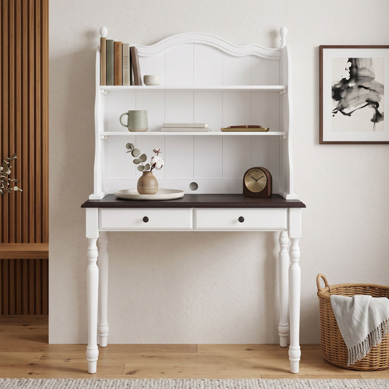 Bureau de ferme avec huche et deux tiroirs, tablettes, White Espresso