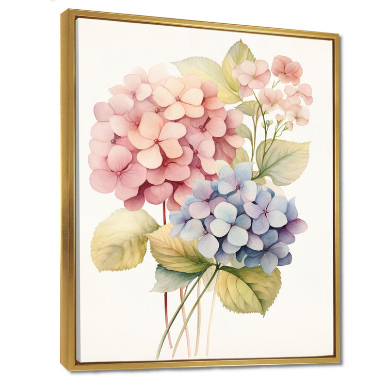 Rétro fleur d'hortensia rose et mauve - art mural hortensia, H 20 po x l 12 po, Cadre flottant doré, bois massif