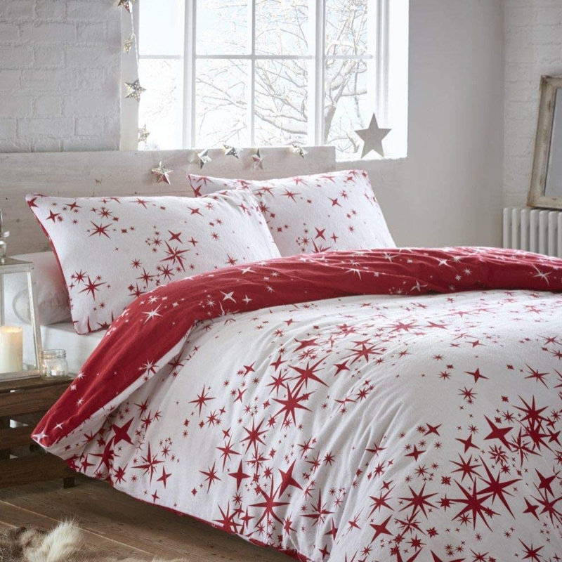 Brushed 100% Cotton Reversible Stars Thermal Duvet Cover Set, Double Duvet Cover + 2 Standard Pillowcases, Red