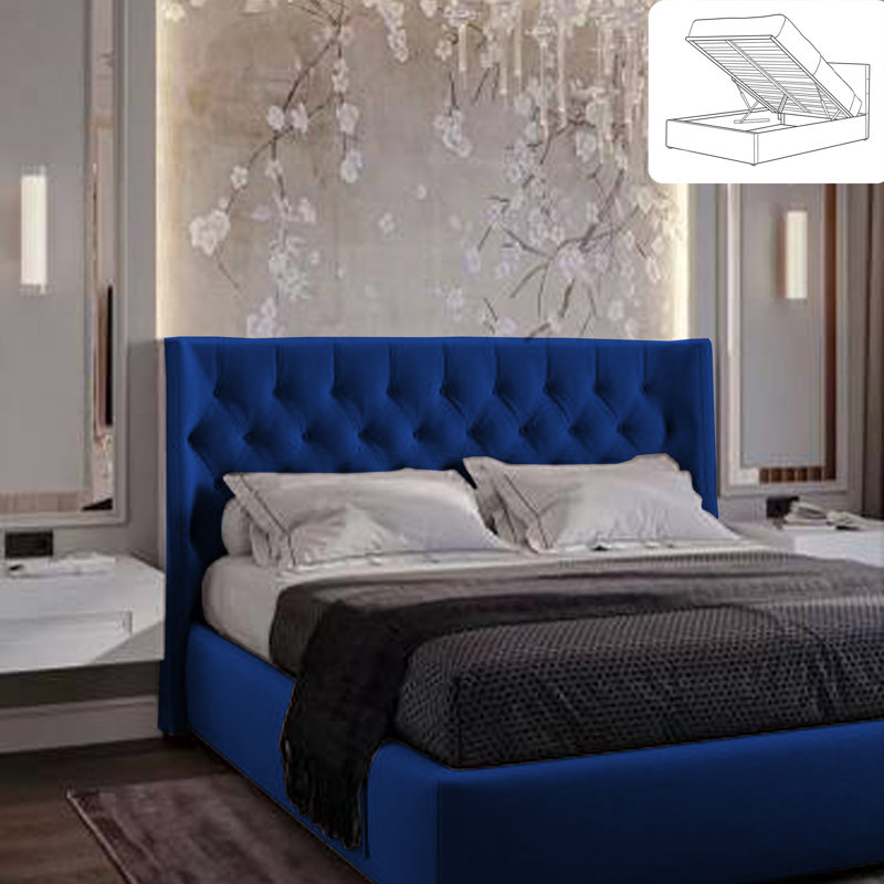 Rebeca Wingback Ottoman Storage Bed - Plush Velvet Gas Lift Bed Frame with Headboard, Single (3'), Blue
