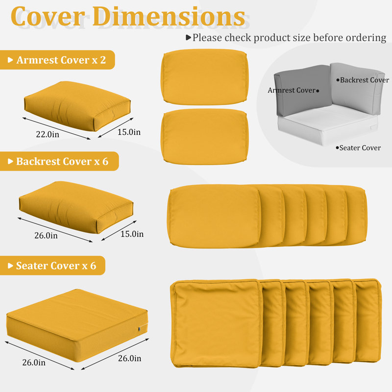 14 Pcs Outdoor Cushion Slipcovers All-Weather Patio Cushion Covers For Outdoor Furniture, Covers Only, Yellow