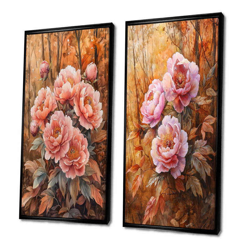 Pivoines et la forêt d'automne I - Collection d'art mural floral 2 panneaux, H 32 po x l 33 po, Cadre flottant noir