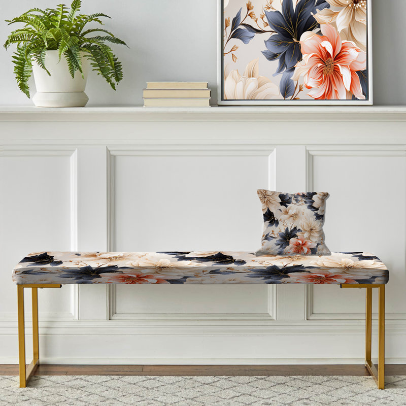 Floral Upholstered Gold Bench, Coastal Tranquil Florals Collage Unveiled V