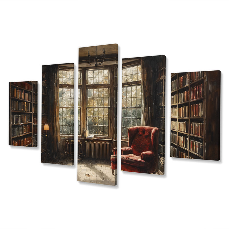 Ensemble de livres sur toile brun et beige rétro avec bibliothèque I