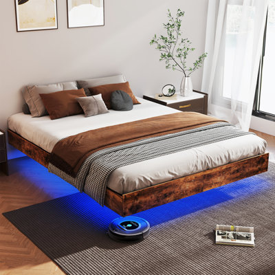 Floating Bed Frame with LED Lights Metal Slats Underbed Storage Space No Box Spring