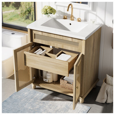 Meuble-lavabo de 30 po avec portes en rotin tissé à la main et structure en bois massif au fini naturel