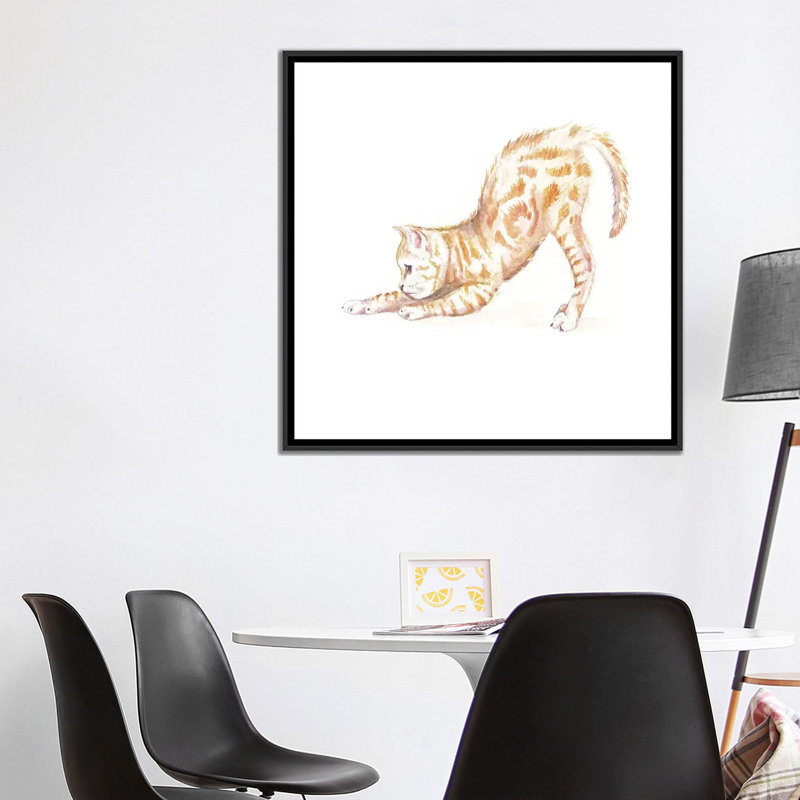 «Stretching Ginger Cat», reproduction sur toile tendue, H 18 po x l 18 po x P 1,5 po, Toile avec cadre noir, Pas de tapis