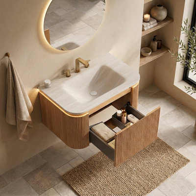 Floating Bathroom Vanity with Integrated Sintered Stone Sink Soft Close Drawer Sensor LED Light Pre Assembled