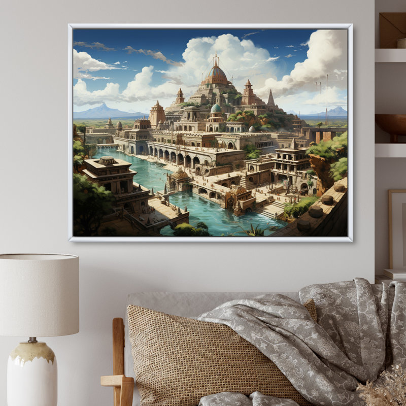Beige, bleu sarcelle, Mexique, art, grand, reproduction d'art sur toile, 24" H x 32" W, Gold Picture Framed