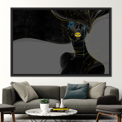 Élégante femme africaine sur toile en noir et or - décoration murale moderne chatoyante